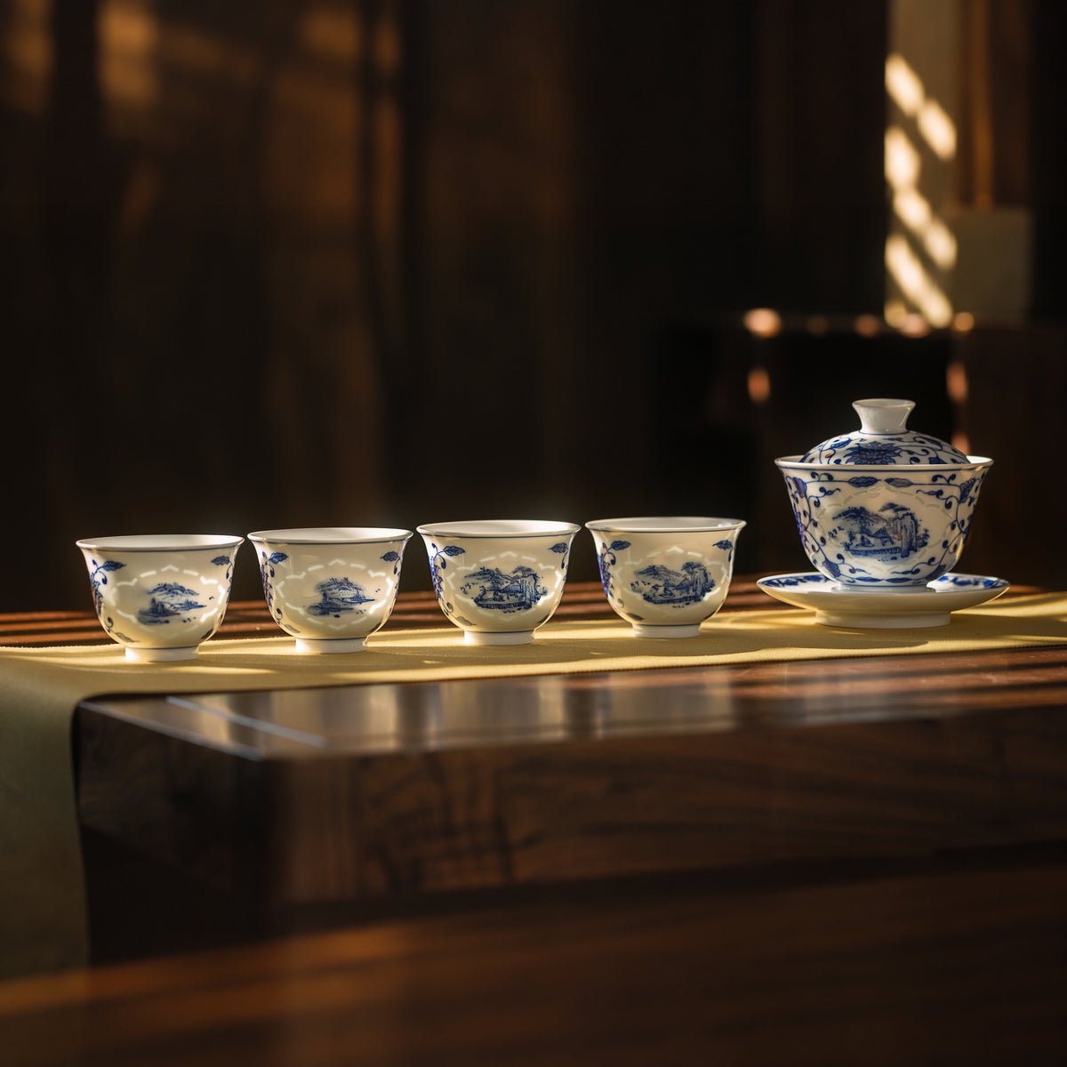 Luminous Landscapes · Hand-Painted 5-Piece Gaiwan Tea Set — complete display