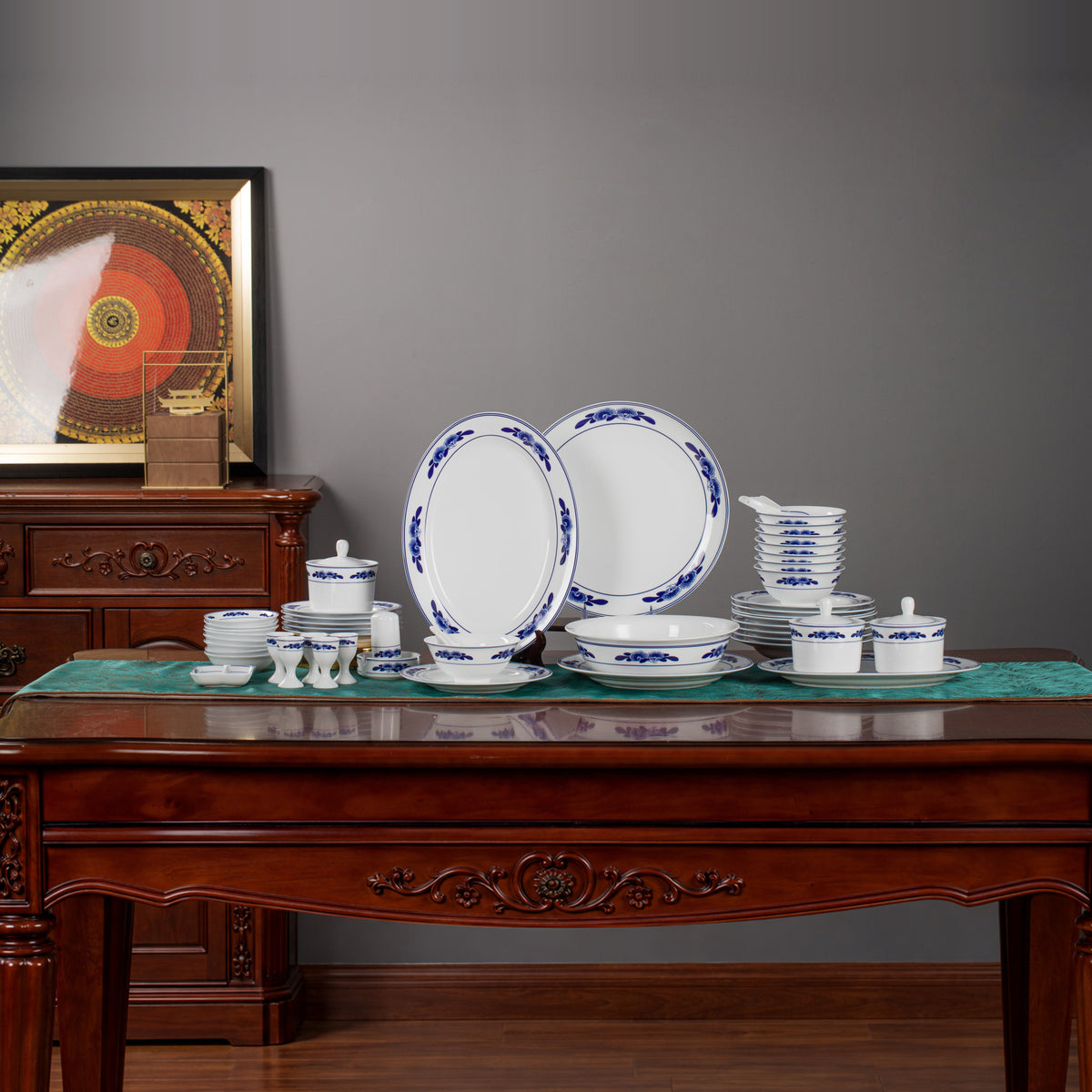 Twin Blossoms · 56-Piece Dinner Service — complete display