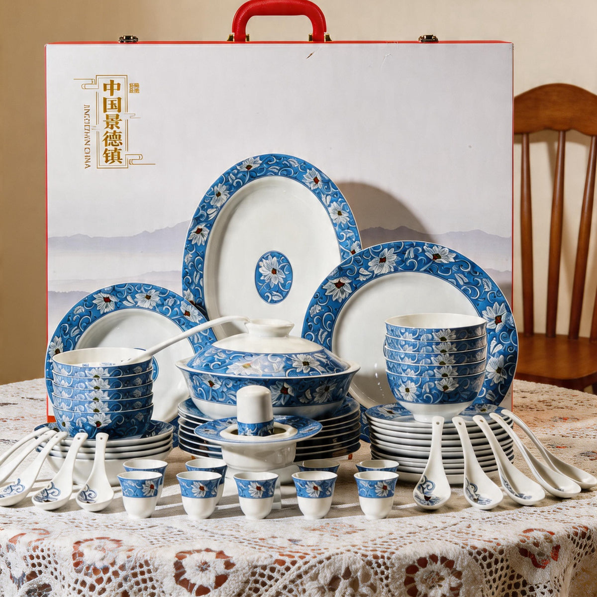 Blue Lily Brocade · 68-Piece Dinner Service — complete display