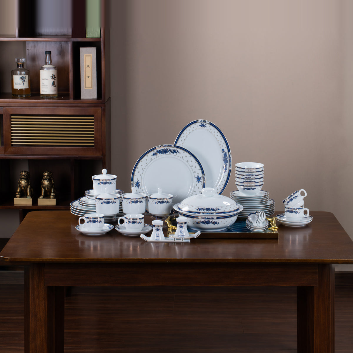 Blue & Gold Peonies · 56-Piece Dinner Service with Four-Section Dish — complete display