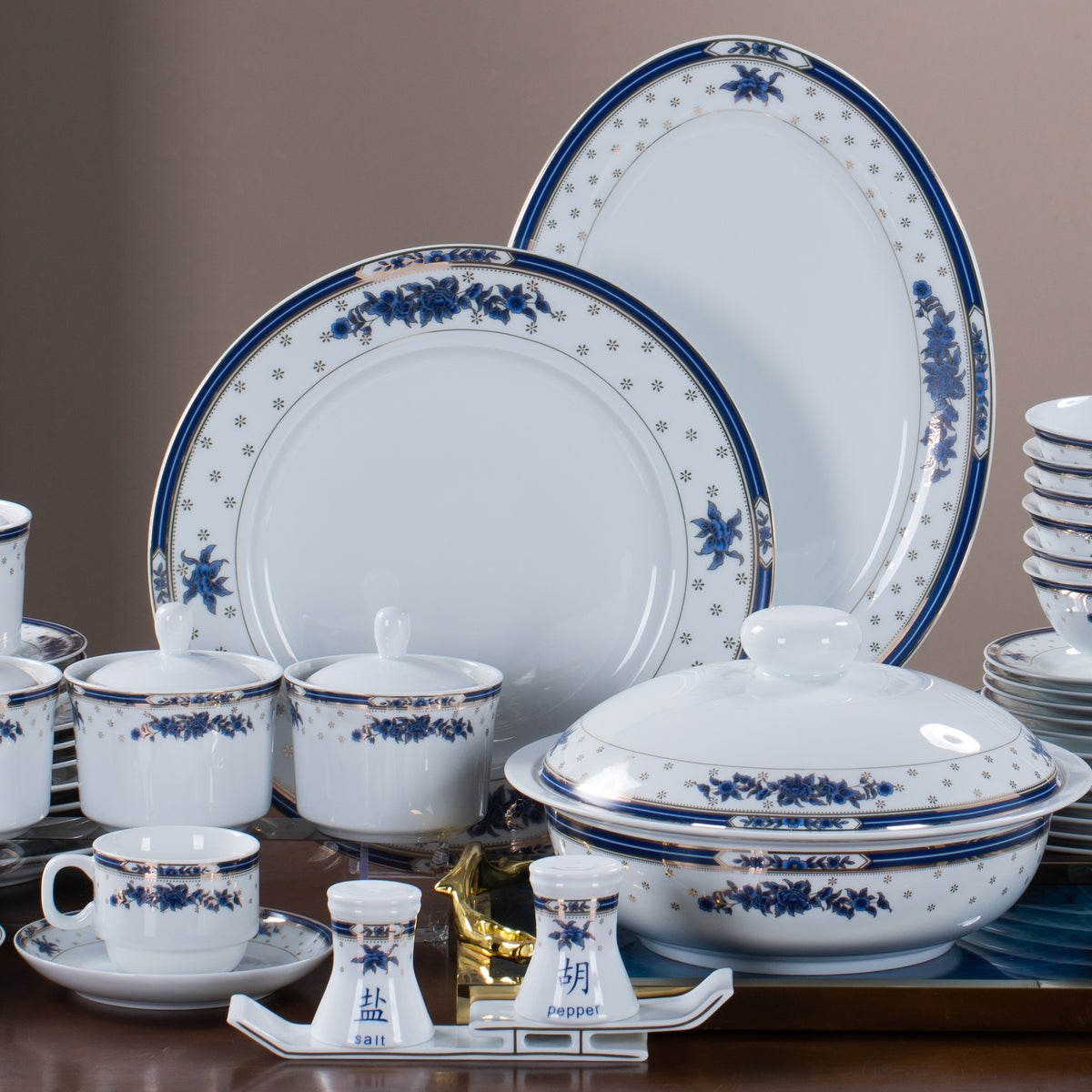 Blue & Gold Peonies · 56-Piece Dinner Service with Four-Section Dish — detail view 1