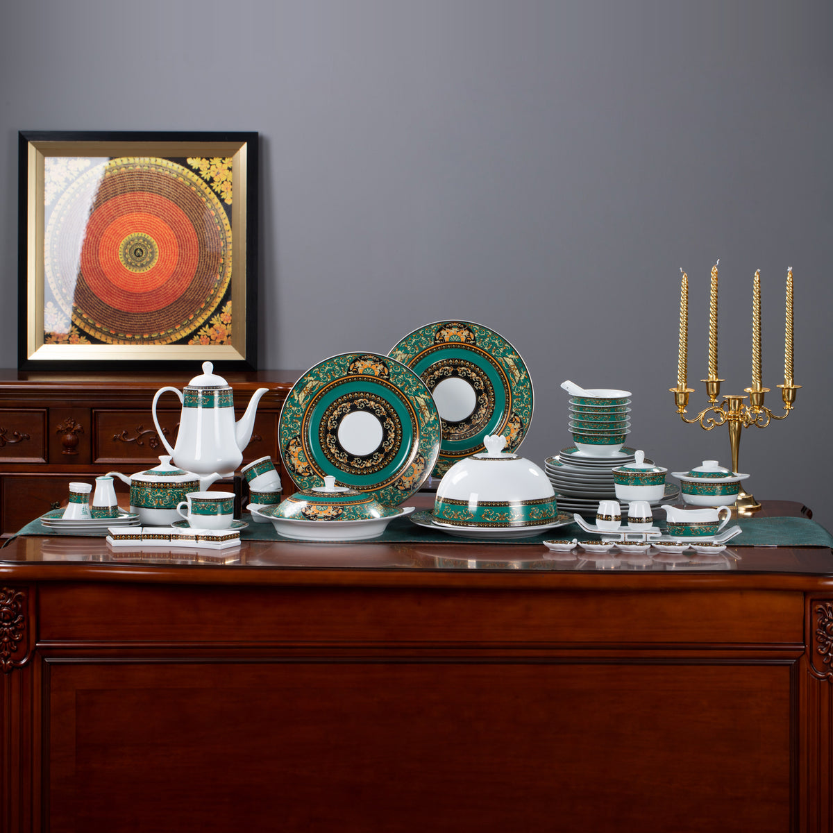 Emerald Prosperity · 68-Piece Dinner Service — complete display