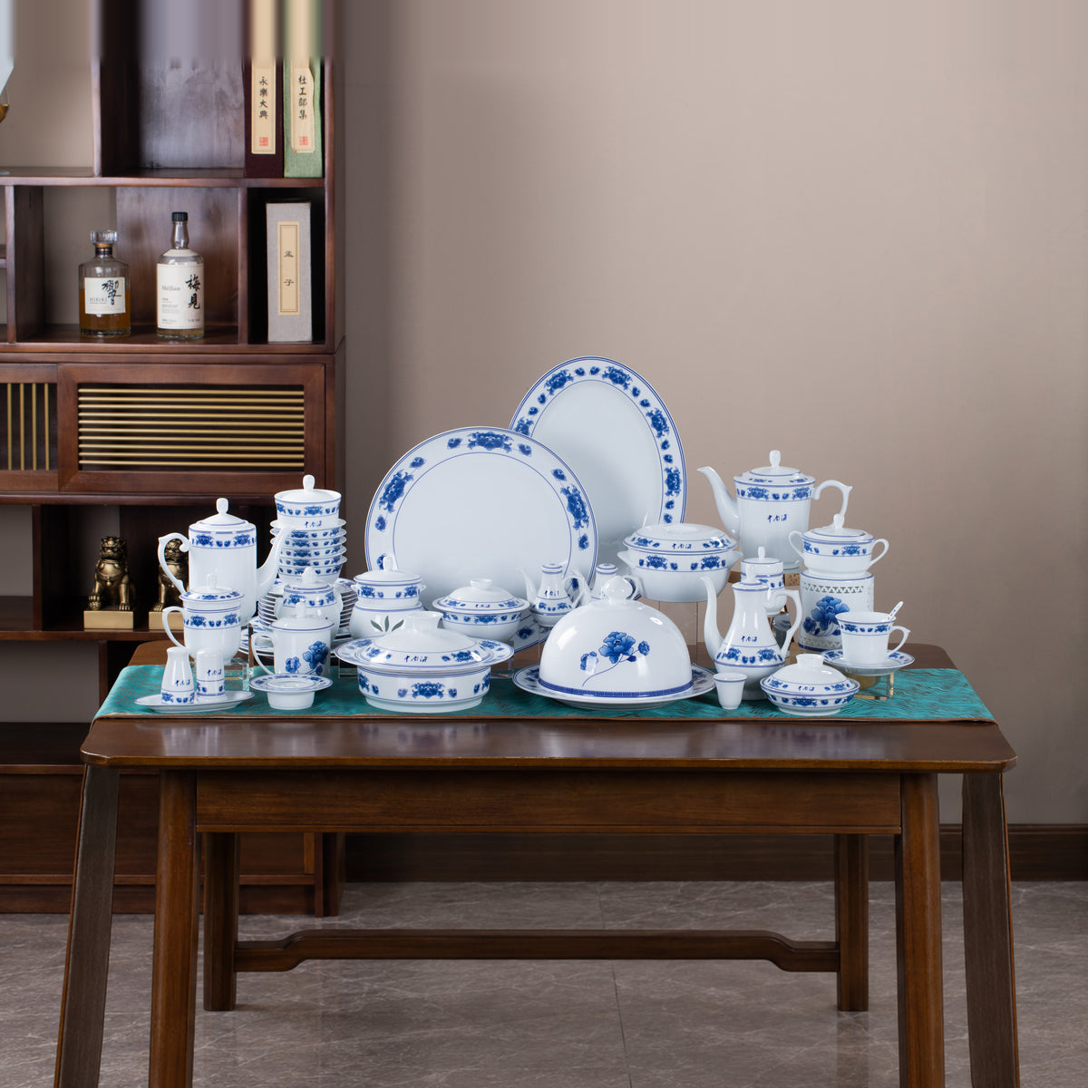 Peony Splendour · 128-Piece Dinner Service — complete display