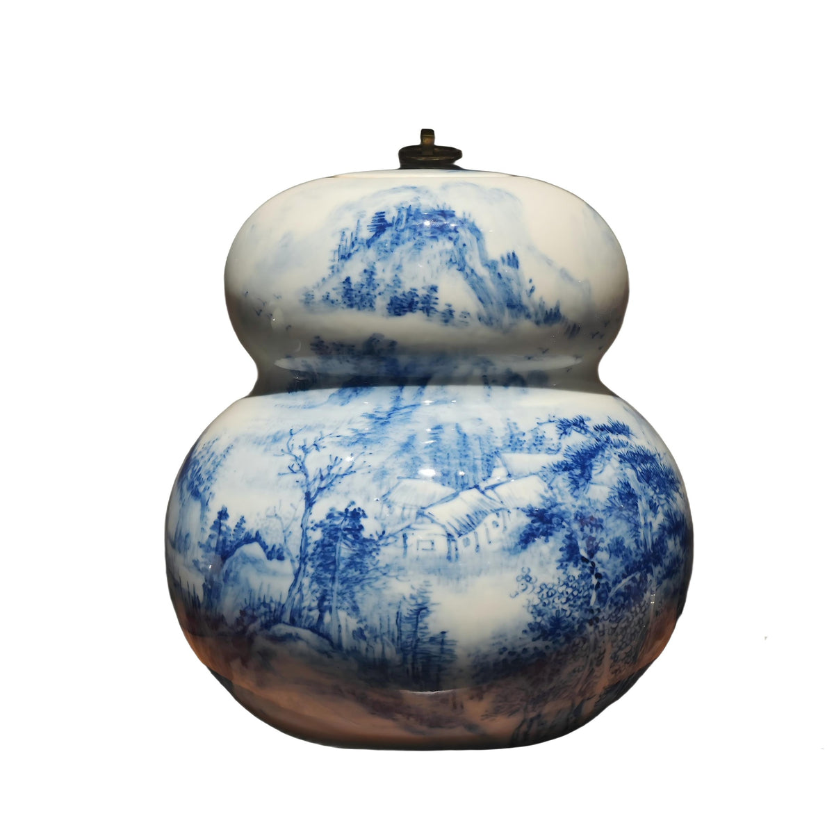 Original company photograph of a double-gourd-shaped lidded vessel with blue landscape decoration