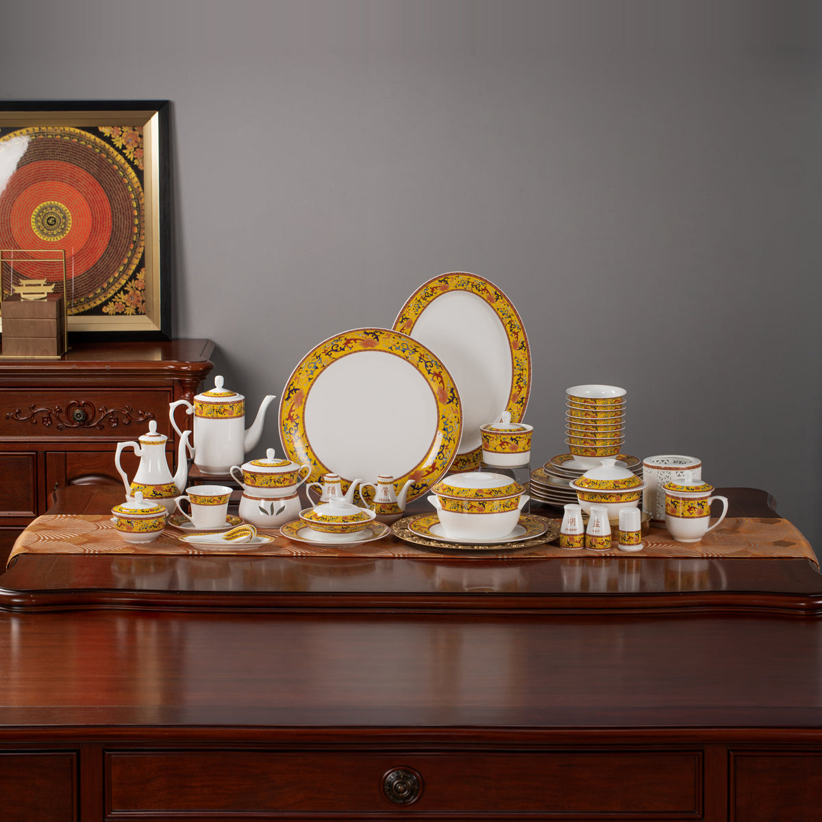 Wishes in Bloom · Yellow Floral Tableware — complete display