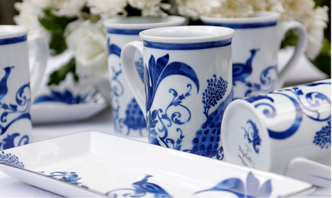 blue and white mugs