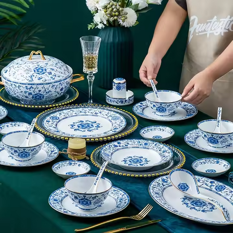 luxurious dinner set for 12 featuring Jingdezhen porcelain with intricate hand-painted designs