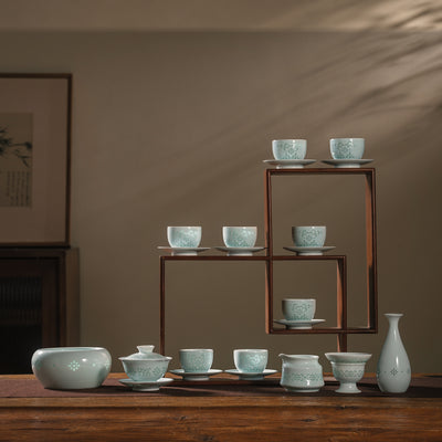 Celadon Lace · Handcrafted 21-Piece Tea Set — complete display
