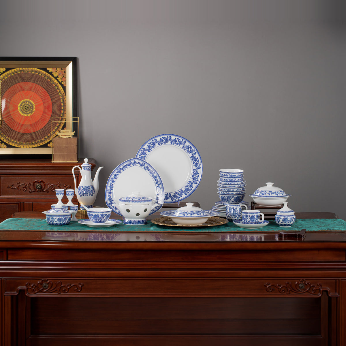 Blue Peony Scroll · 89-Piece Dinner Service — complete display