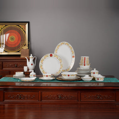 Banquet Peonies · 122-Piece Dinner Service — complete display