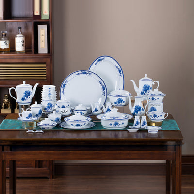 Azure Harmony · 128-Piece Dinner Service — complete display