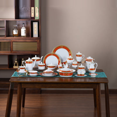 Heritage in Red & Gold · 128-Piece Dinner Service — complete display