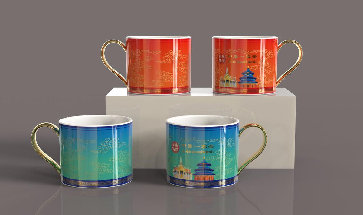 China-Thailand commemorative porcelain mugs with landmark and golden cloud decoration
