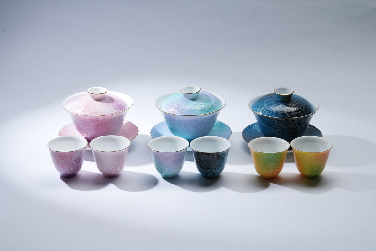 Original studio photograph of colourful Gubo gaiwans and tea cups, presented as a group of works