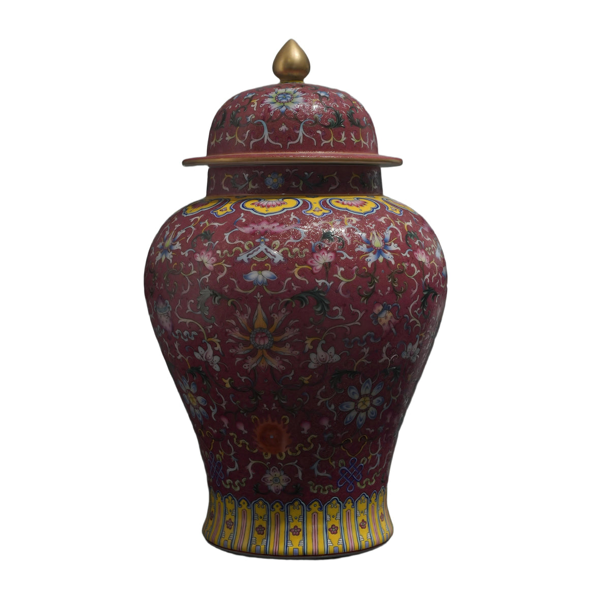 Original company photograph of a red-ground floral lidded vessel, shown in full