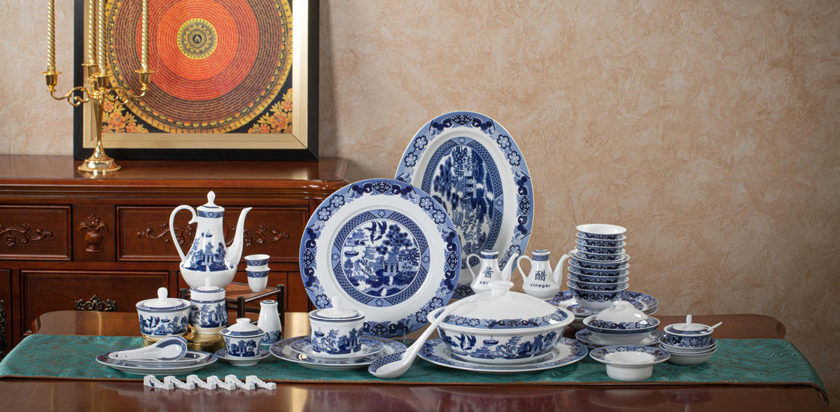 Company photograph of the Classical Gardens porcelain service; product arrangement, not a historical event photograph.