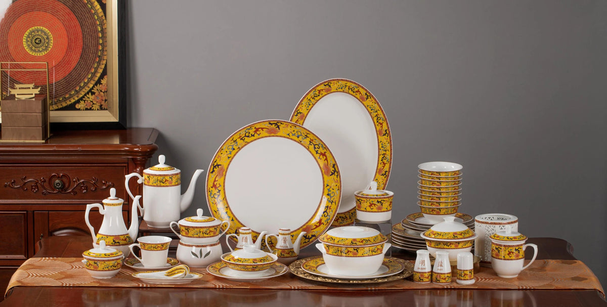 Company product arrangement photograph of the yellow Ruyi porcelain service.
