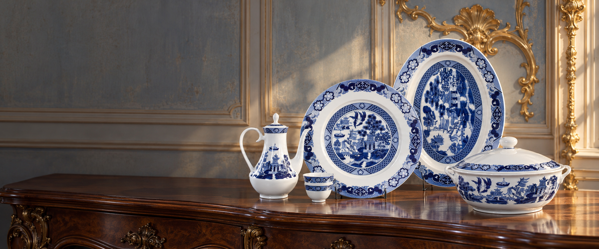 Classical garden blue-and-white porcelain on a walnut console