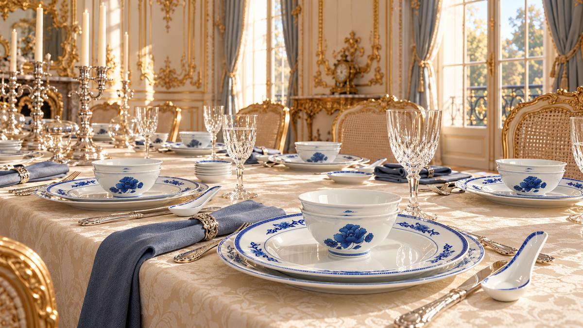 Qingyun blue-and-white porcelain in a Rococo dining setting