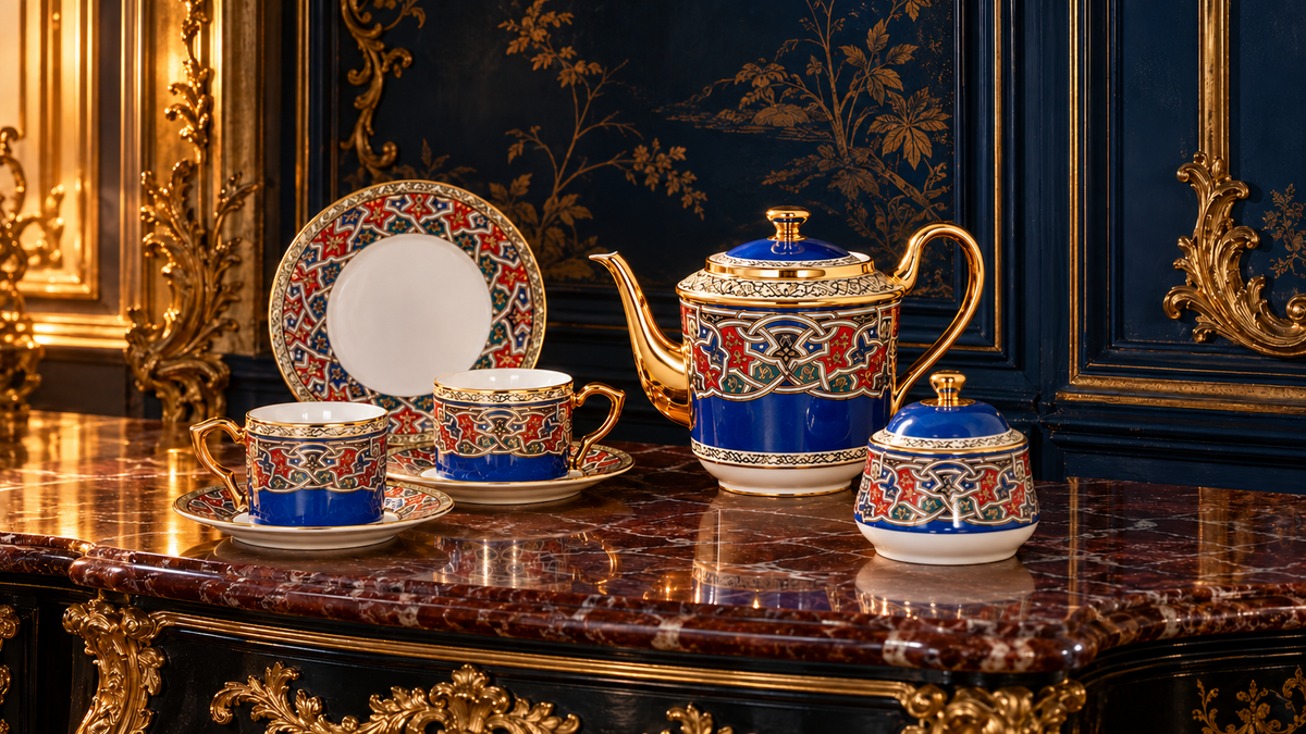 Blue and gold porcelain in a lacquer cabinet setting
