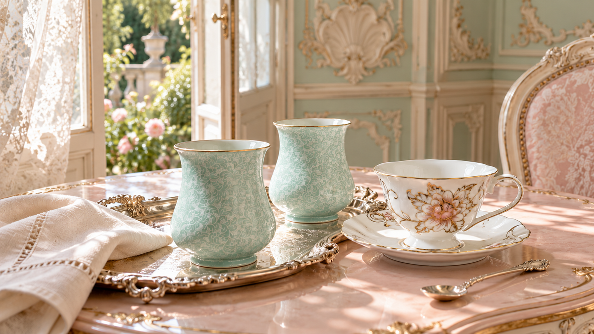 Porcelain tea and coffee pieces in a light-filled salon
