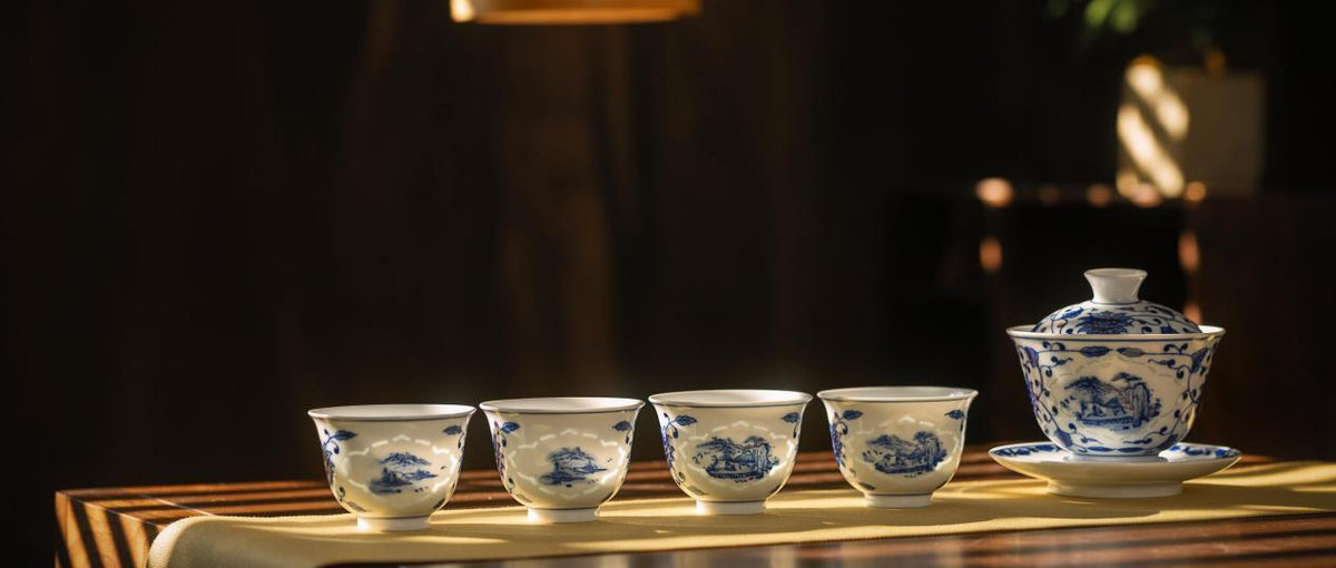 Blue-and-white Linglong landscape tea set, company work archive