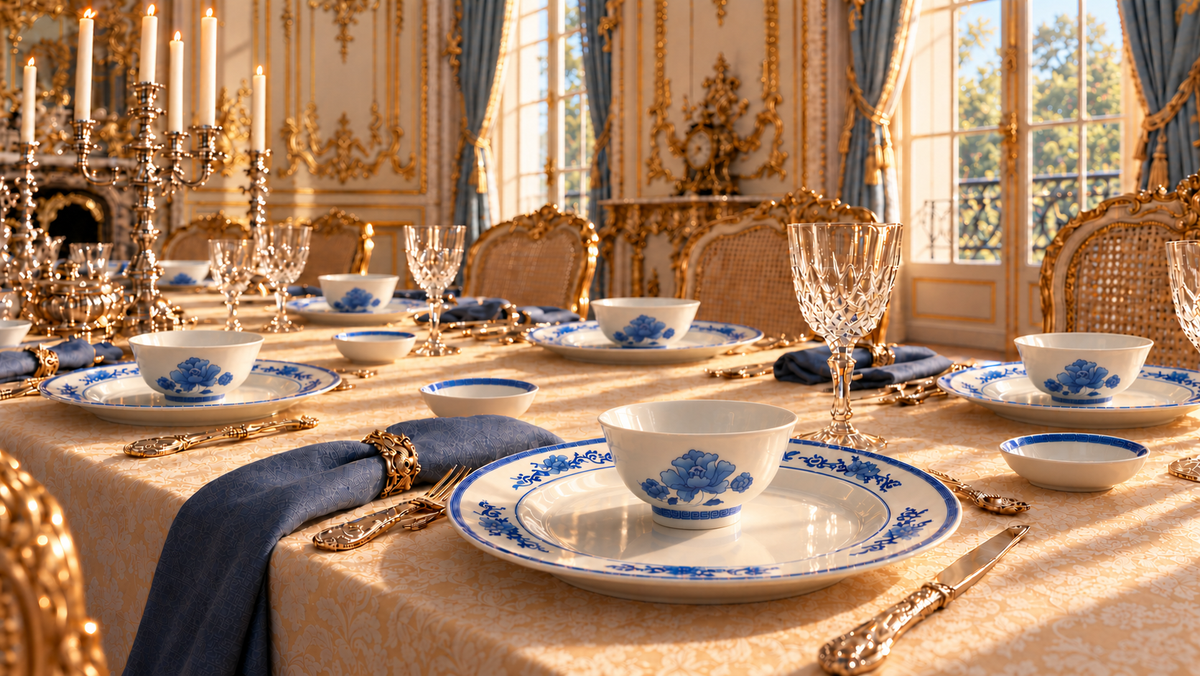 Qingyun blue-and-white porcelain in a French Rococo banquet setting with warm window light